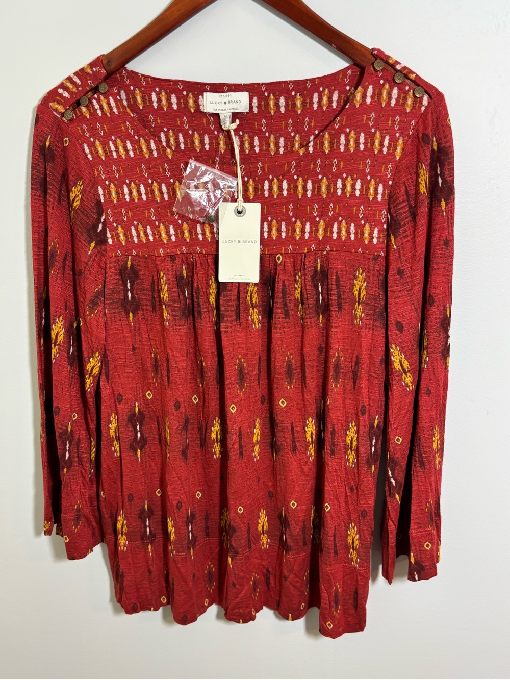 NWT Burnt Orange Top Viscose Lucky Brand Ikat Boho Fall Tunic Flowy M - Picture 2 of 8